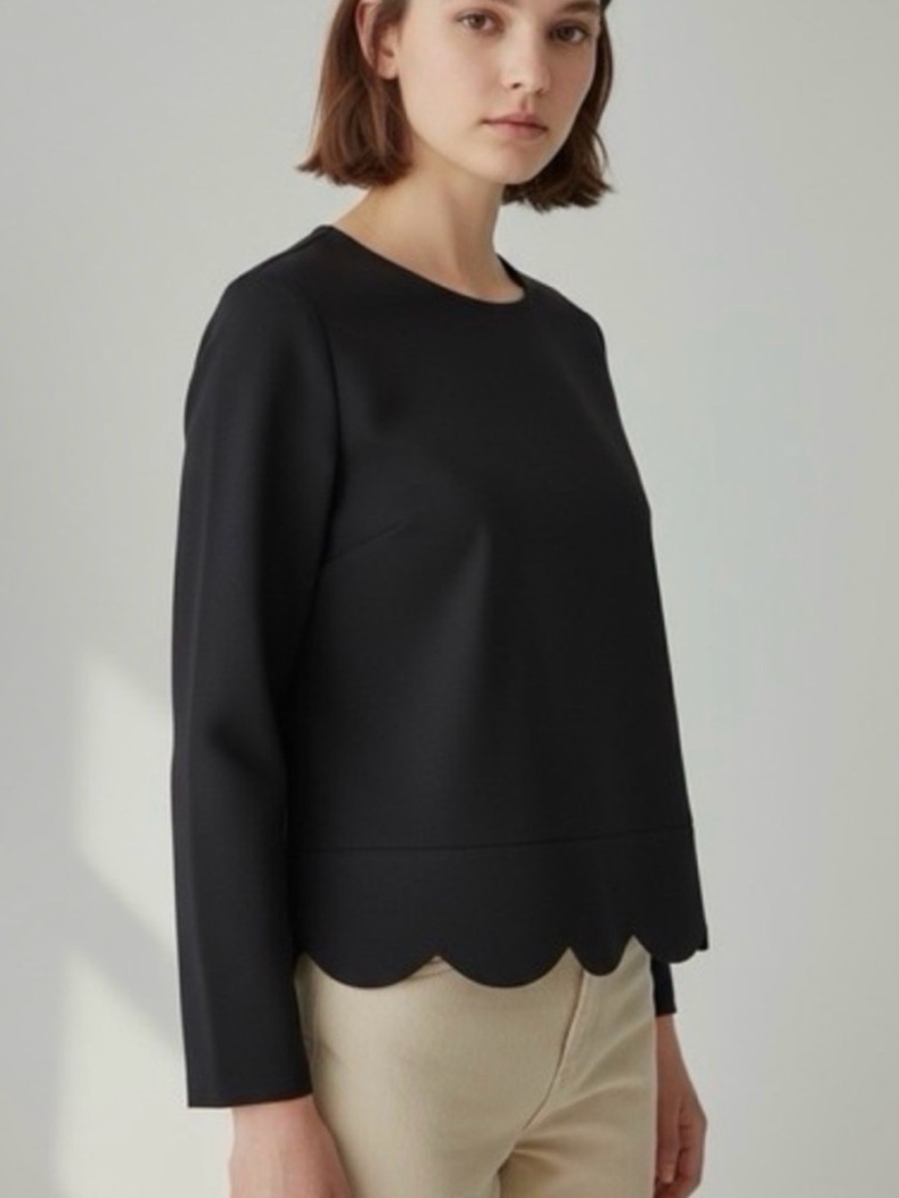 kate spade Black Scalloped Hem 3/4 Sleeve Top